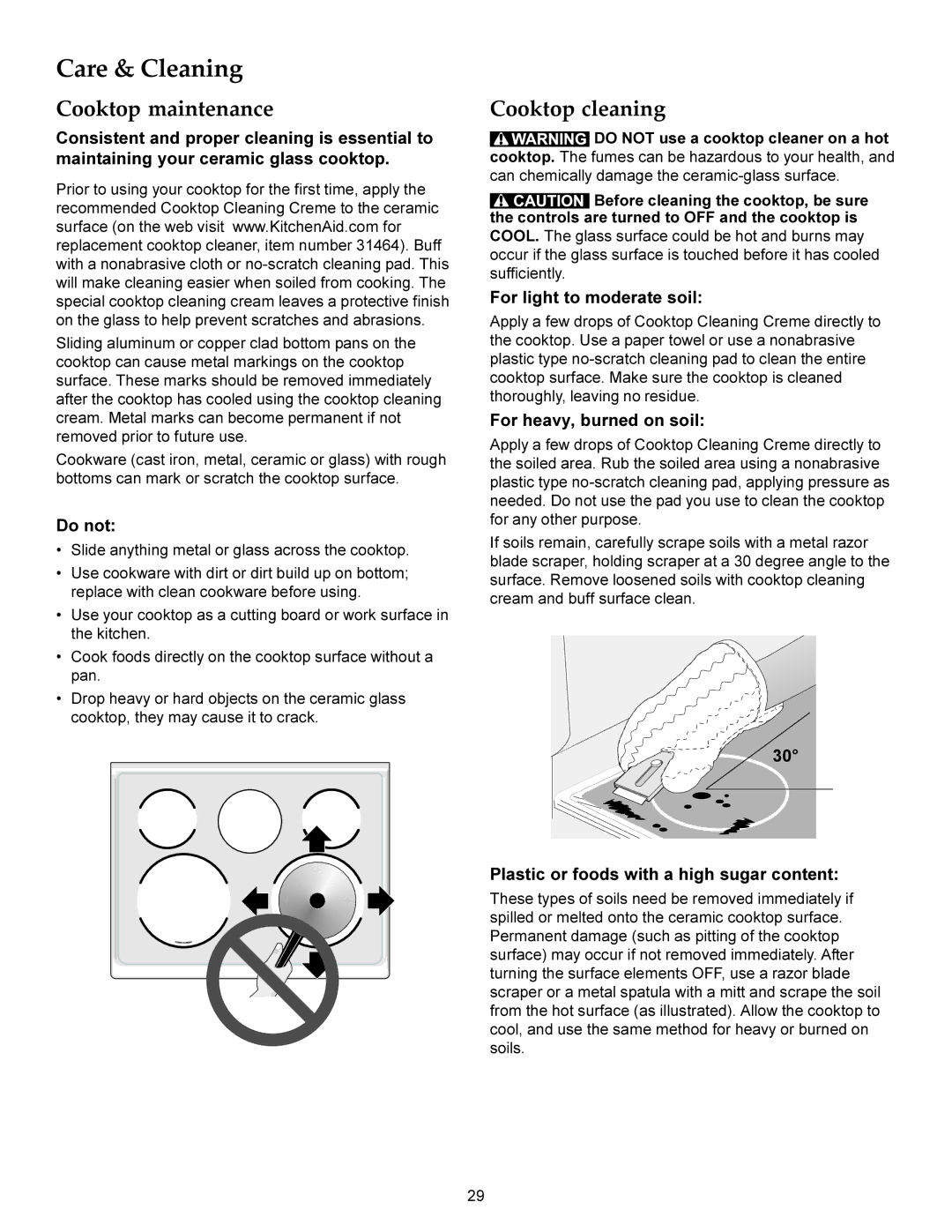 KitchenAid KERS208X, KERS206X manual Cooktop maintenance, Cooktop cleaning 