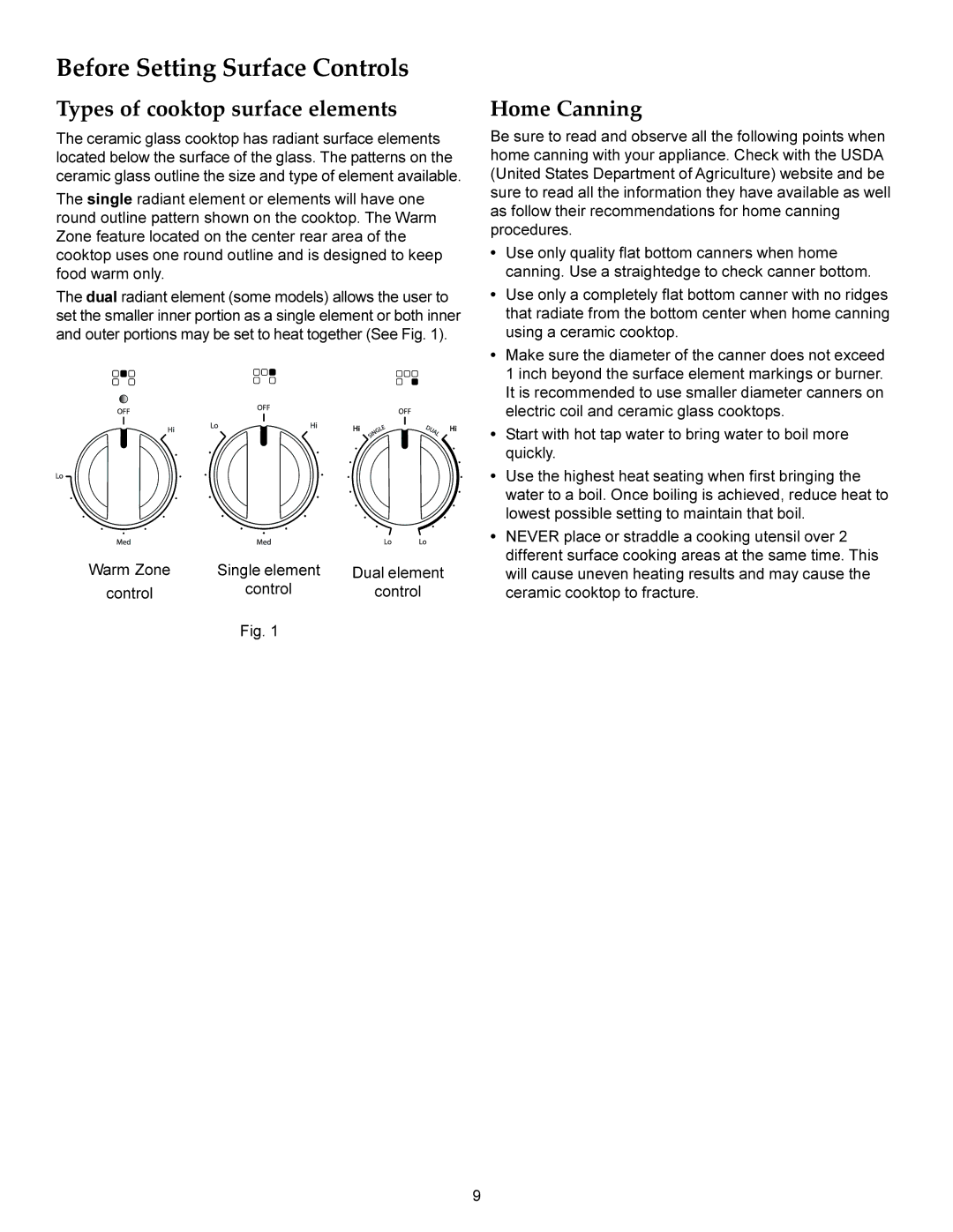 KitchenAid KERS208X, KERS206X manual Types of cooktop surface elements, Home Canning 