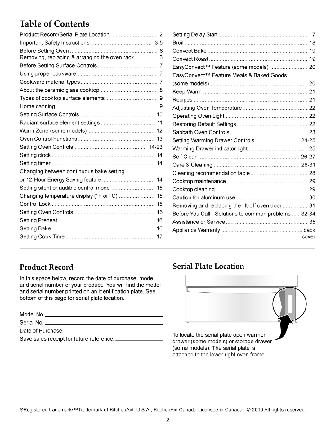 KitchenAid KERS206X manual Table of Contents 