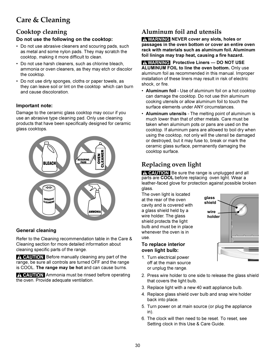 KitchenAid KERS206X manual Aluminum foil and utensils, Replacing oven light, Do not use the following on the cooktop 