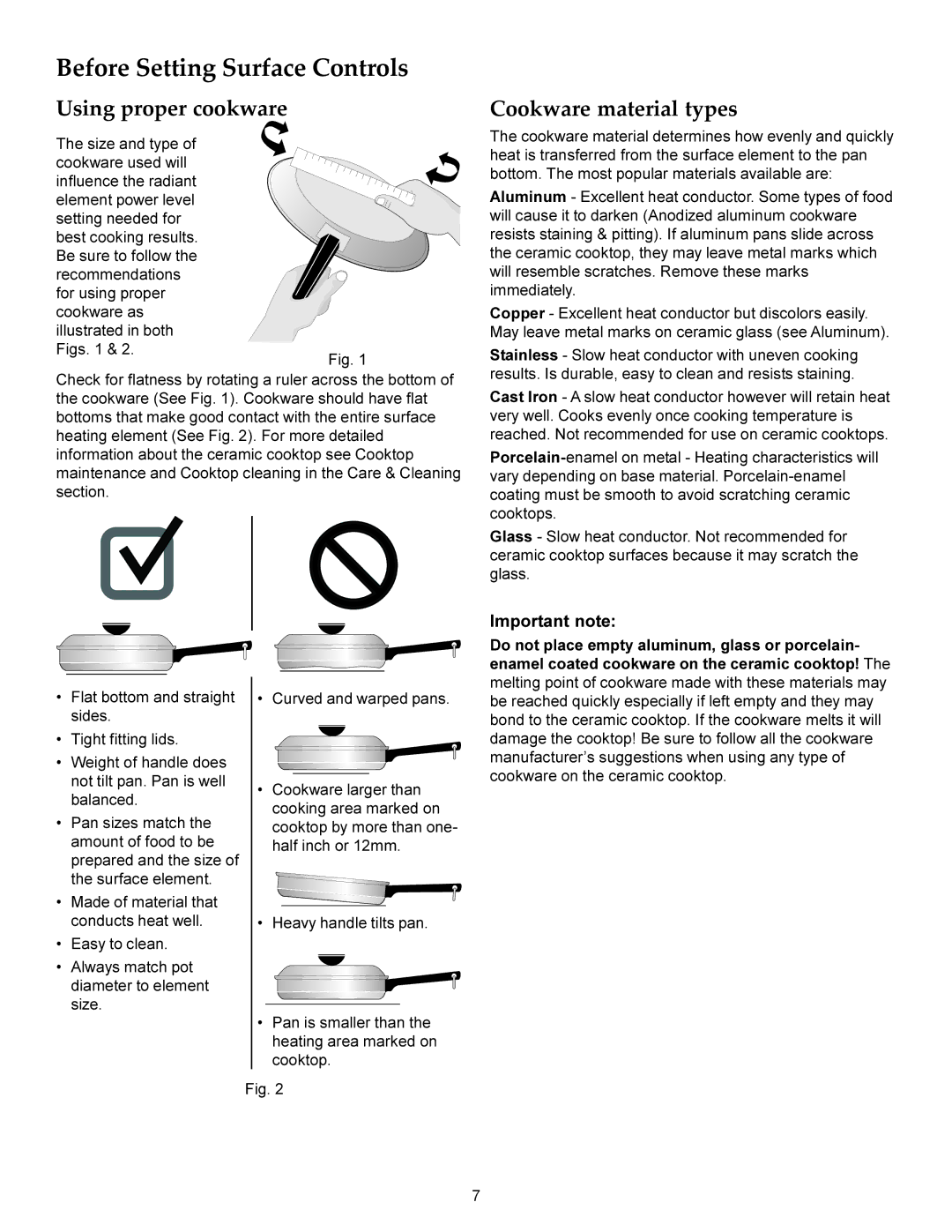 KitchenAid KERS206X manual Cookware material types, Important note 