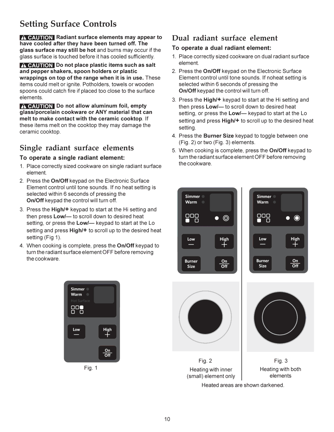 KitchenAid KERS308X manual Setting Surface Controls, Single radiant surface elements, Dual radiant surface element 