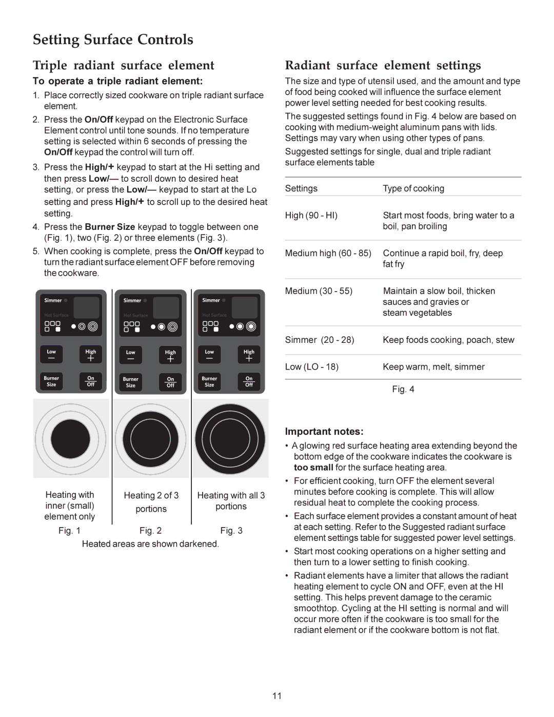 KitchenAid KERS308X Triple radiant surface element, Radiant surface element settings, To operate a triple radiant element 