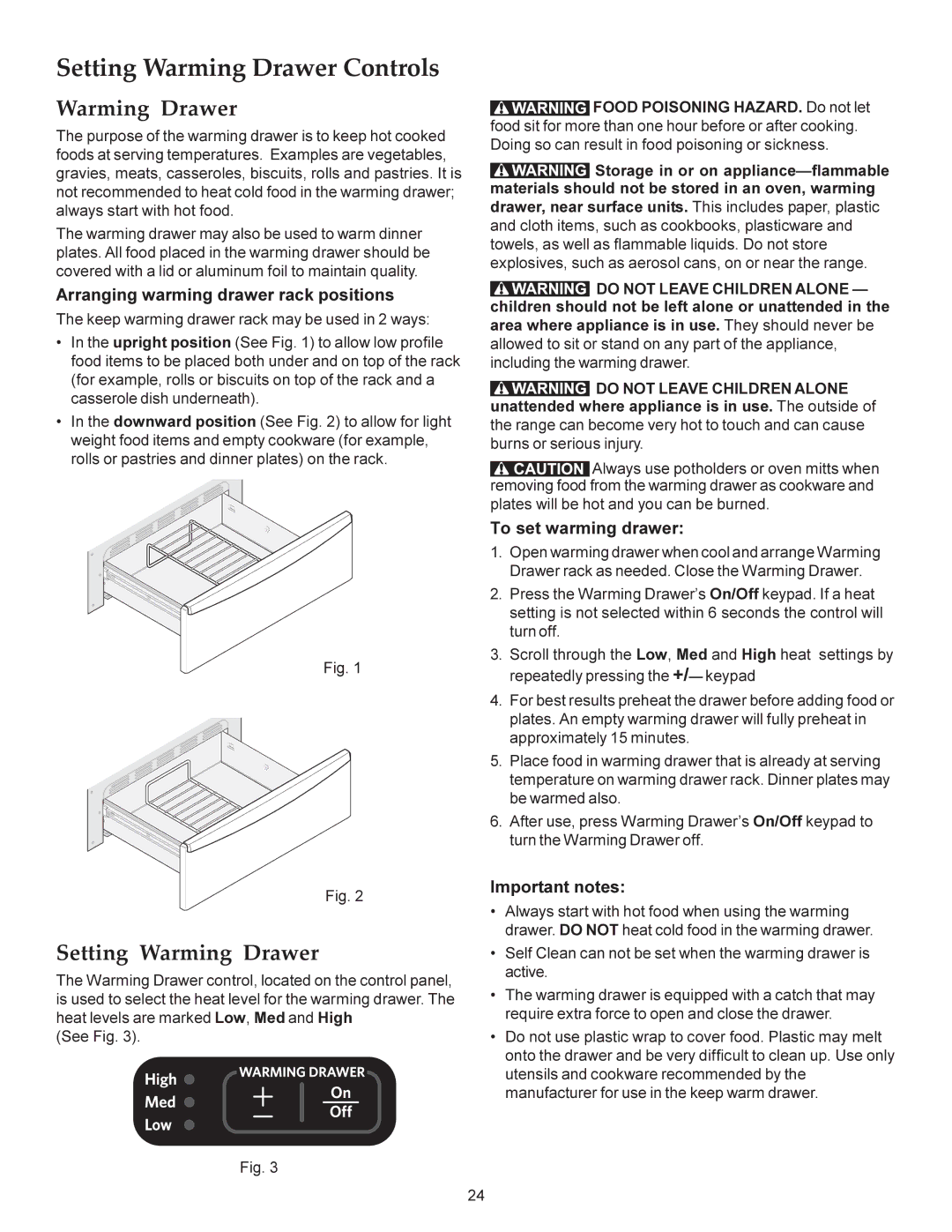 KitchenAid KERS308X manual Setting Warming Drawer Controls, Arranging warming drawer rack positions, To set warming drawer 