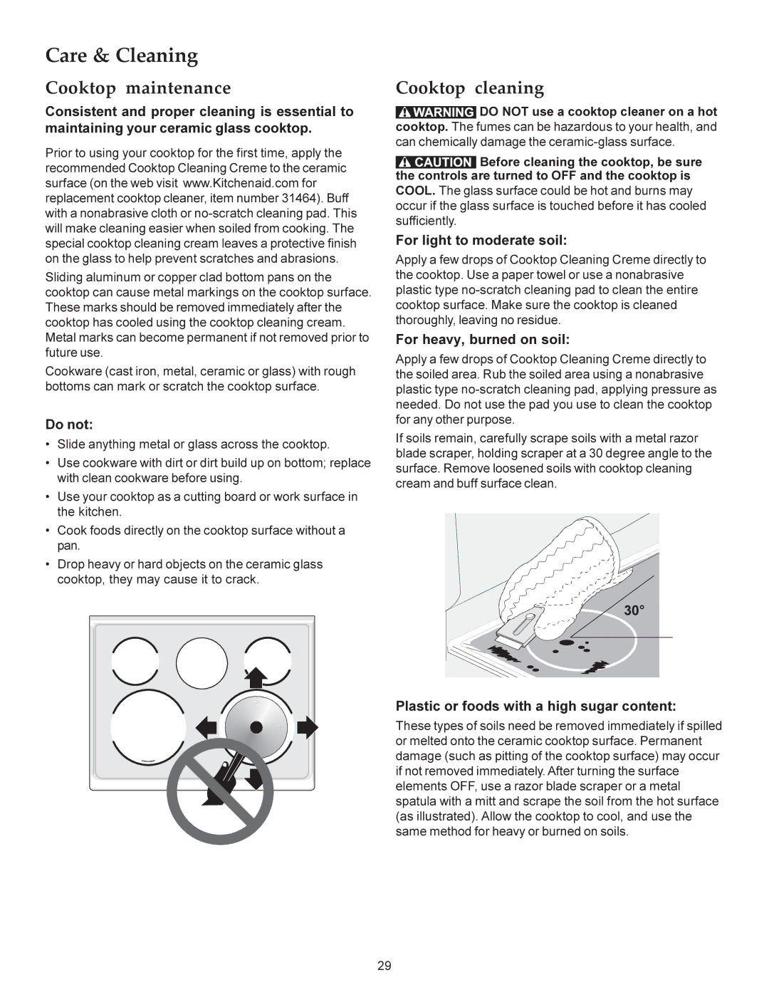 KitchenAid KERS308X manual Cooktop maintenance, Cooktop cleaning 