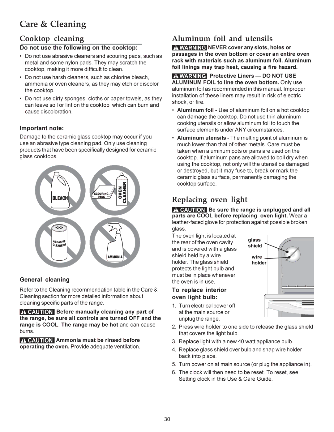 KitchenAid KERS308X manual Aluminum foil and utensils, Replacing oven light, Do not use the following on the cooktop 