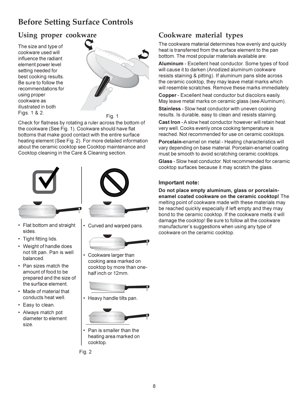 KitchenAid KERS308X manual Cookware material types, Important note 