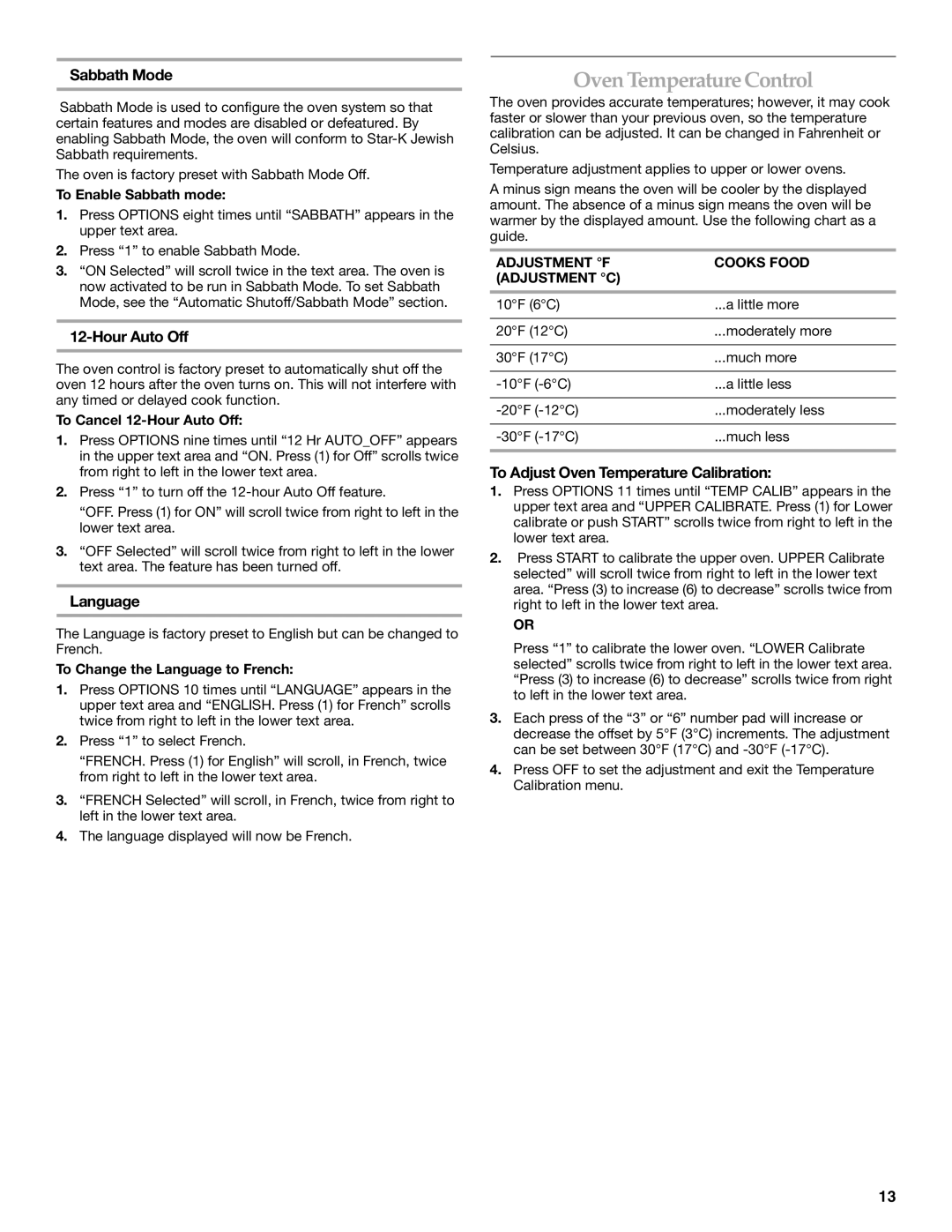 KitchenAid YKER507 Oven Temperature Control, Sabbath Mode, Hour Auto Off, Language, To Adjust Oven Temperature Calibration 