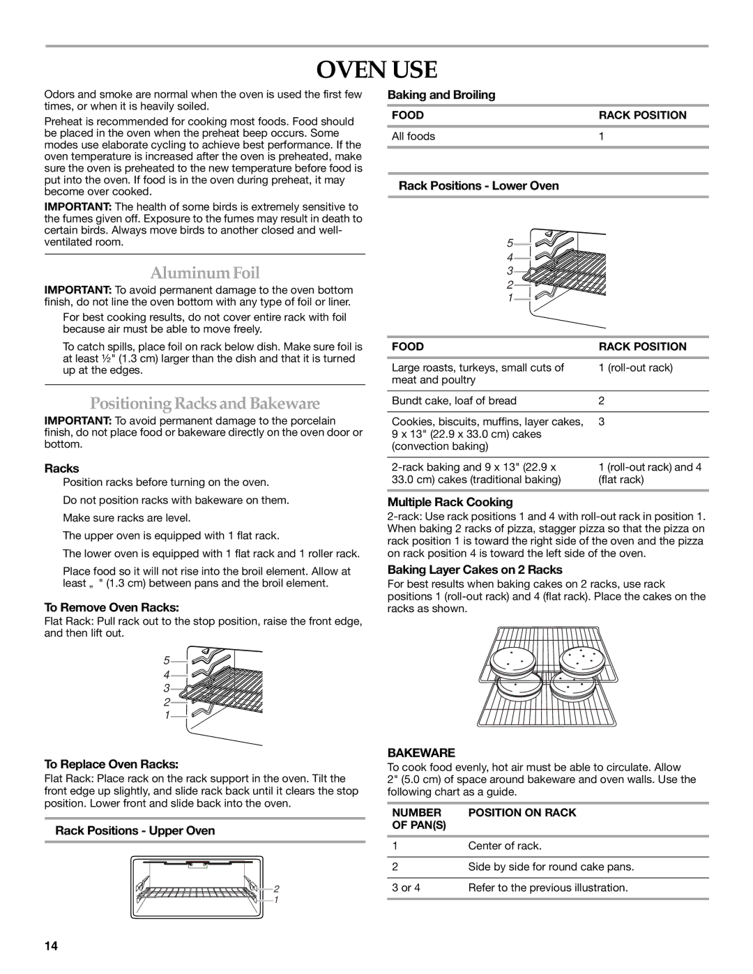 KitchenAid KERS505, YKER507 manual Oven USE, Aluminum Foil, Positioning Racks and Bakeware 