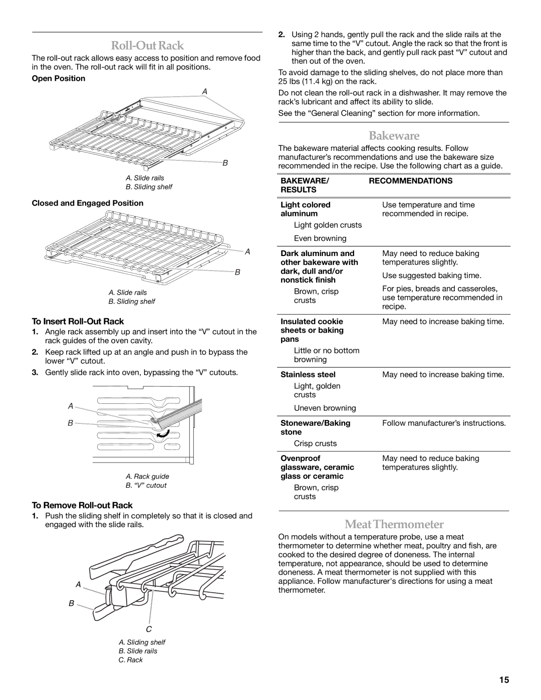 KitchenAid YKER507, KERS505 manual Bakeware, Meat Thermometer, To Insert Roll-Out Rack, To Remove Roll-out Rack 