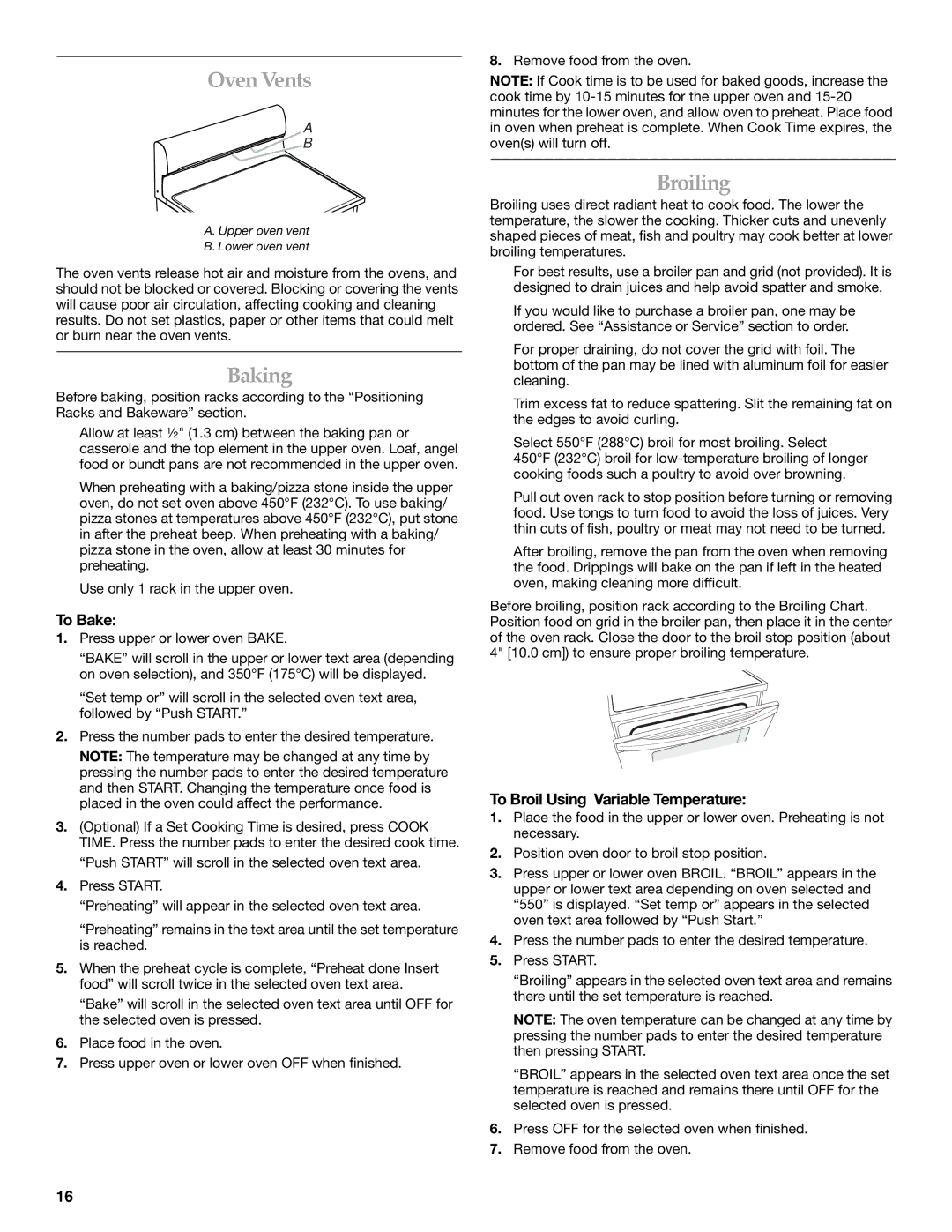 KitchenAid KERS505, YKER507 manual Oven Vents, Baking, Broiling, To Bake, To Broil Using Variable Temperature 