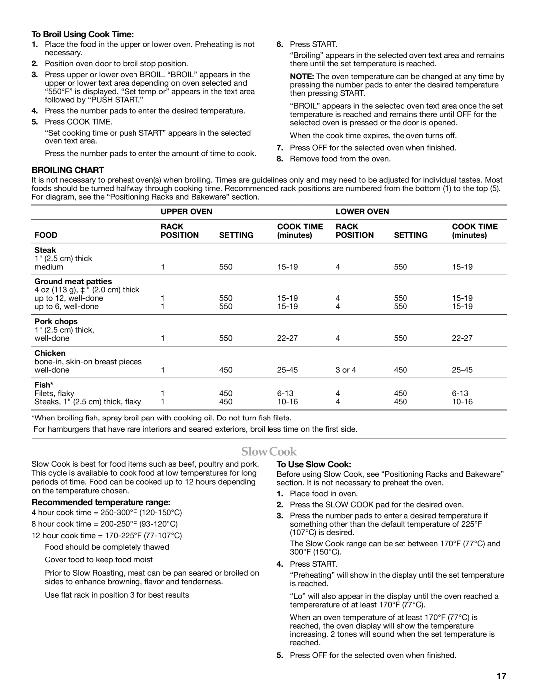 KitchenAid YKER507, KERS505 To Broil Using Cook Time, Broiling Chart, Recommended temperature range, To Use Slow Cook 