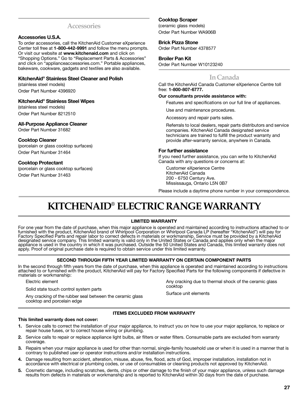 KitchenAid YKER507, KERS505 manual Kitchenaid Electric Range Warranty, Accessories, Canada 