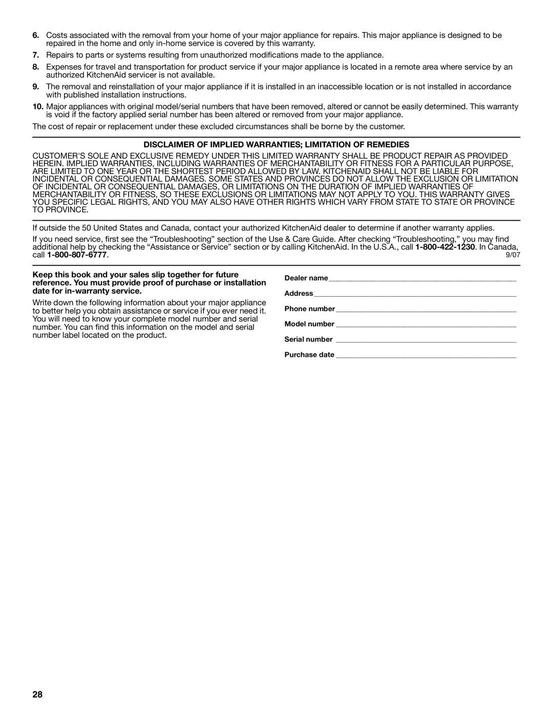 KitchenAid KERS505, YKER507 manual Disclaimer of Implied Warranties Limitation of Remedies 