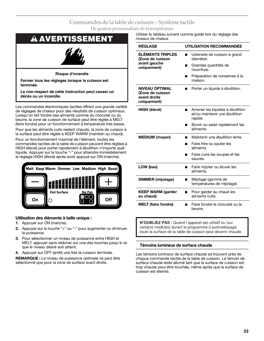 KitchenAid YKER507, KERS505 Commandes de la table de cuisson Système tactile, Utilisation des éléments à taille unique 