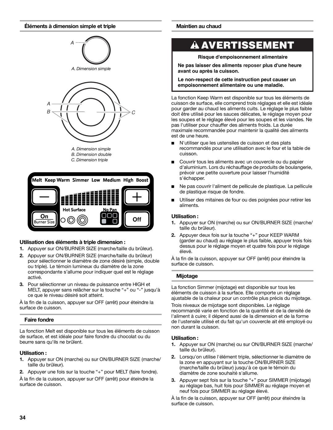 KitchenAid KERS505 manual Éléments à dimension simple et triple, Utilisation des éléments à triple dimension, Faire fondre 