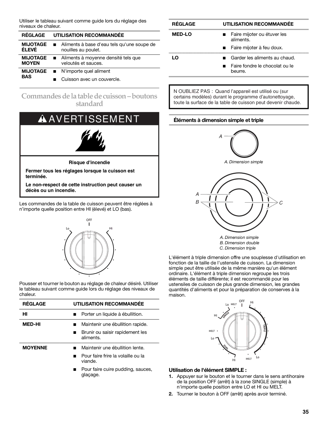 KitchenAid YKER507, KERS505 manual Commandes de la table de cuisson boutons Standard, Utilisation de lélément Simple 