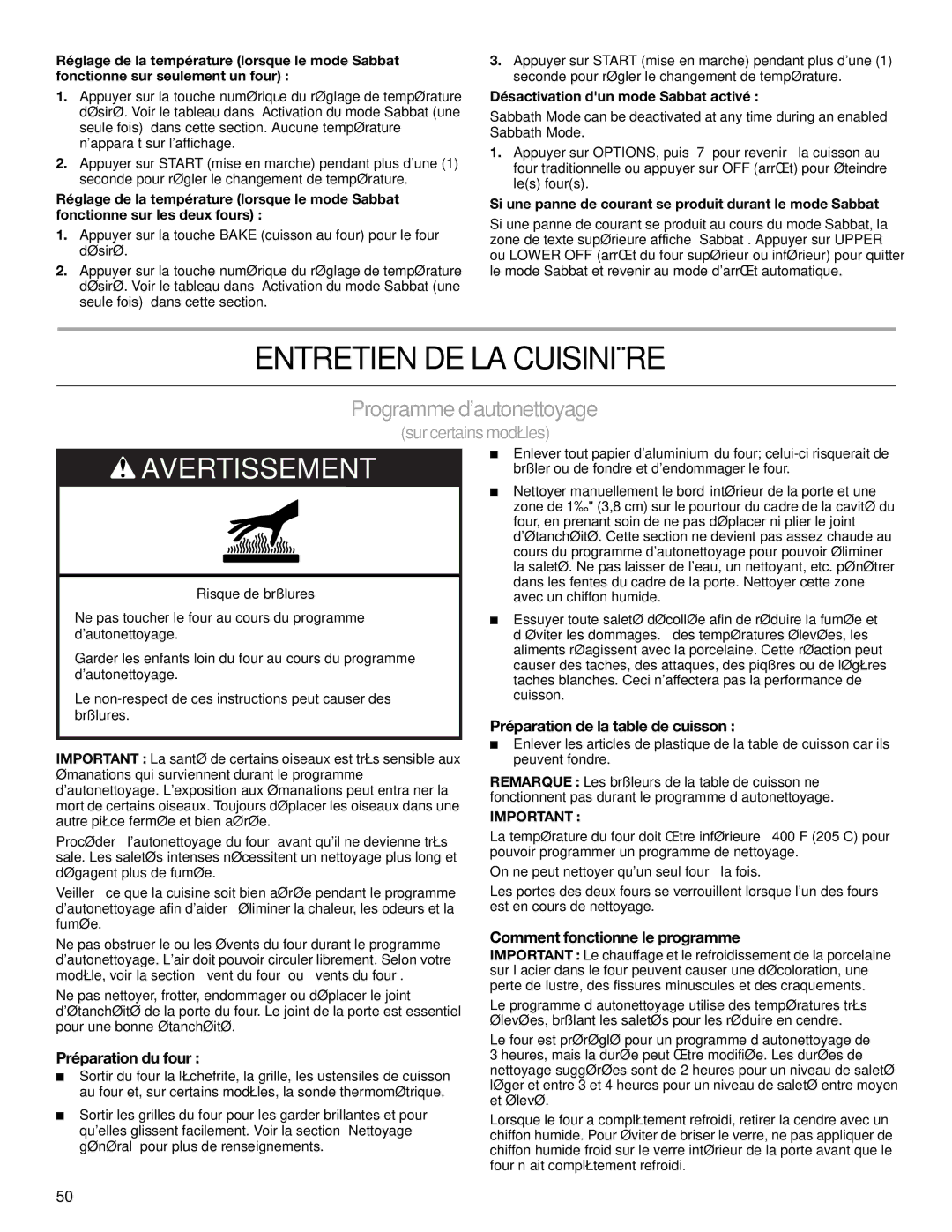 KitchenAid KERS505, YKER507 manual Entretien DE LA Cuisinière, Programme dautonettoyage, Préparation du four 