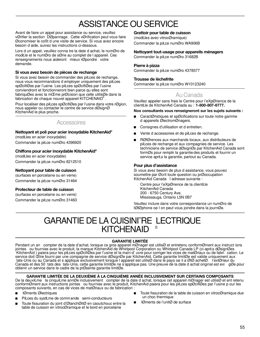 KitchenAid YKER507, KERS505 Assistance OU Service, Garantie DE LA Cuisinière Électrique Kitchenaid, Accessoires, Au Canada 