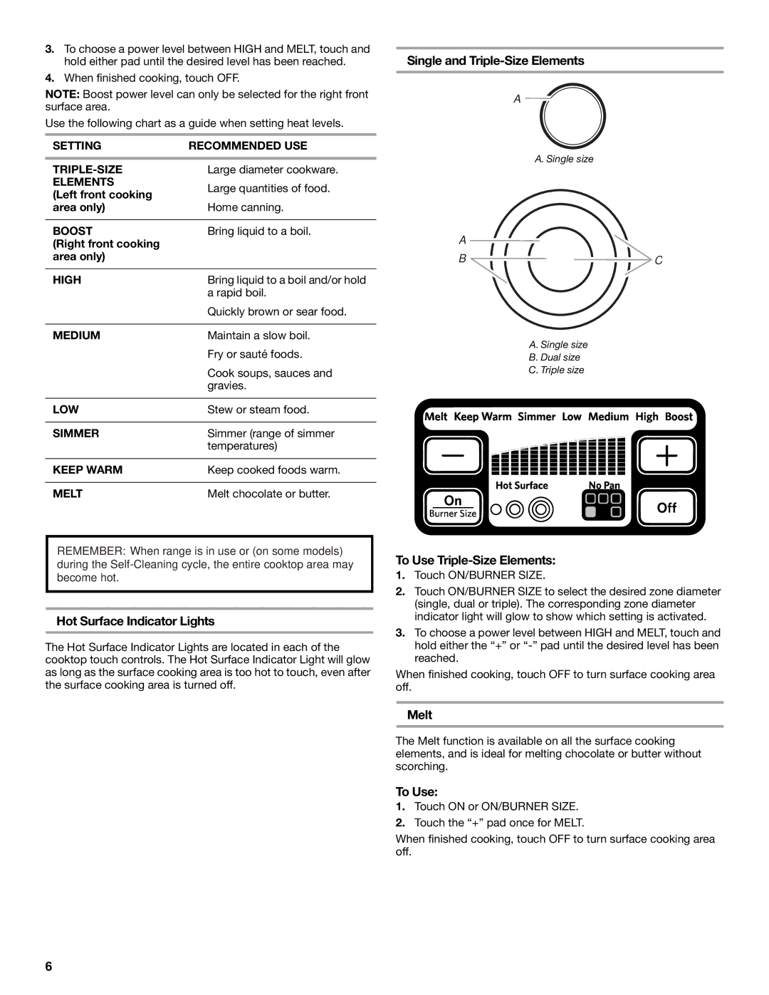 KitchenAid KERS505 manual Single and Triple-Size Elements, Hot Surface Indicator Lights, To Use Triple-Size Elements, Melt 