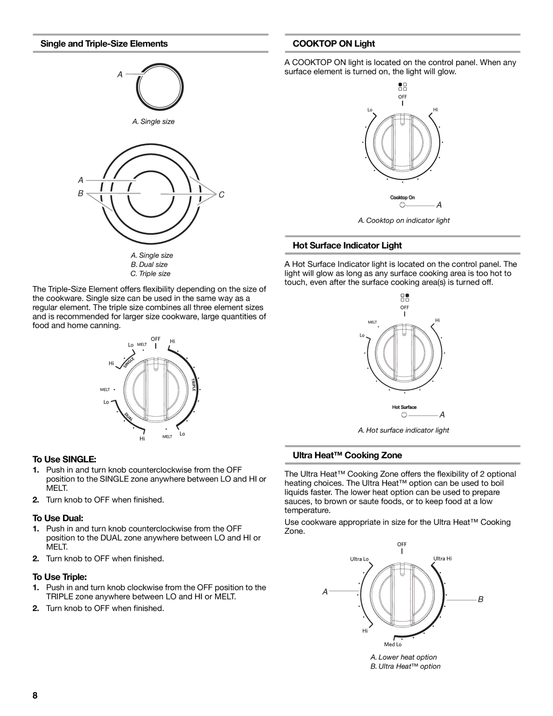 KitchenAid KERS505, YKER507 manual Cooktop on Light, Hot Surface Indicator Light, To Use Single, To Use Dual, To Use Triple 