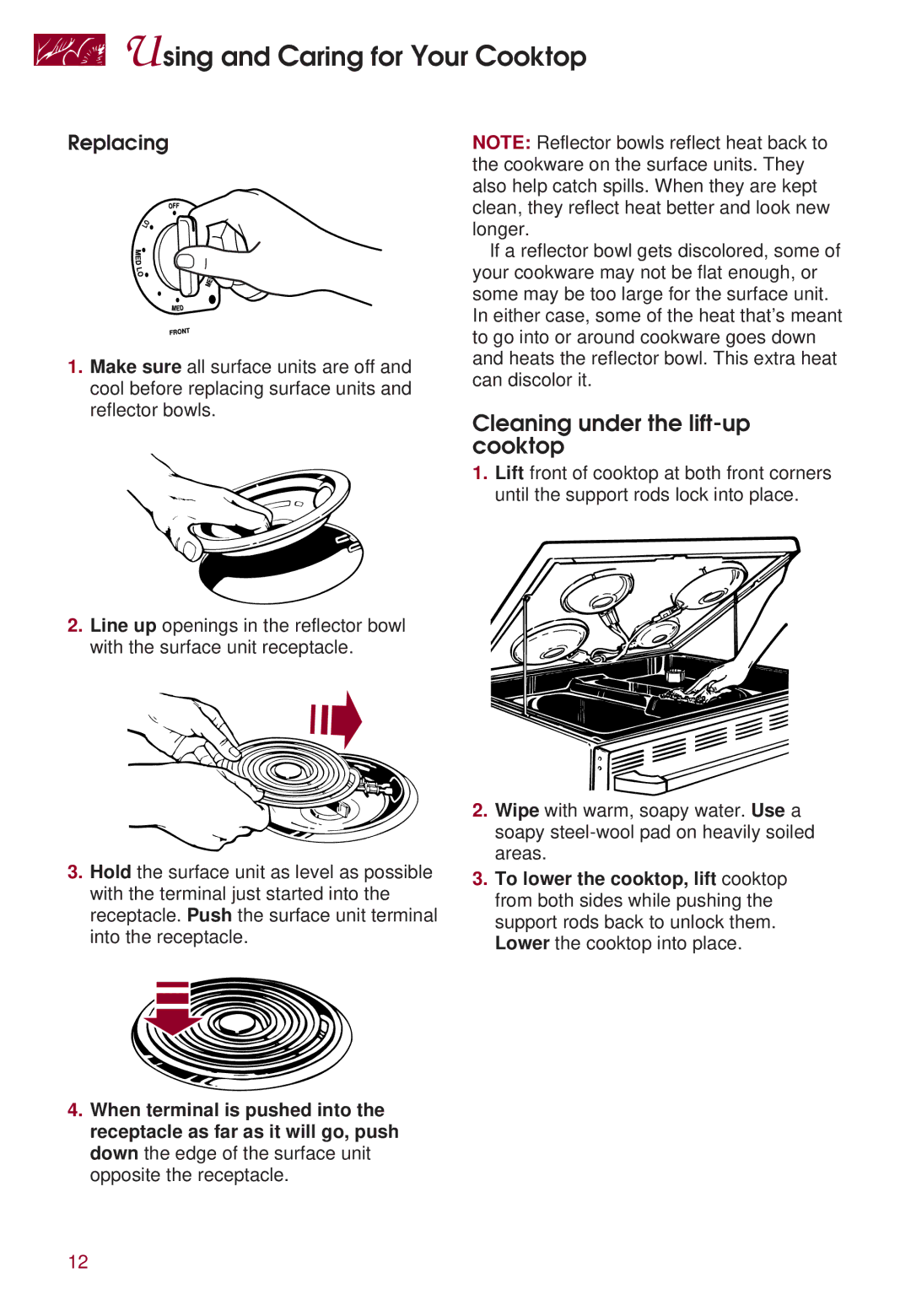 KitchenAid KERS507 warranty Cleaning under the lift-up cooktop, Replacing 