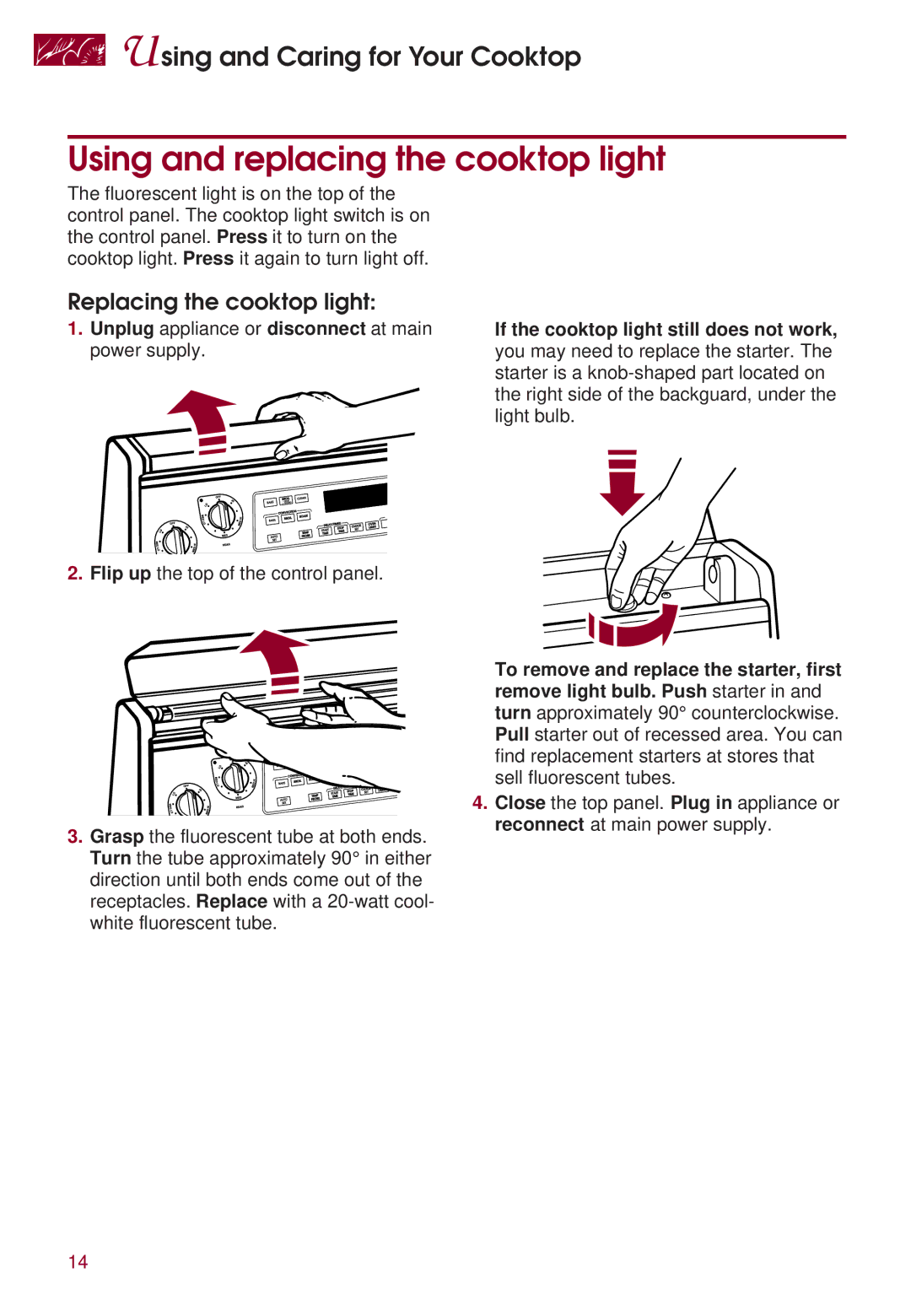 KitchenAid KERS507 warranty Using and replacing the cooktop light, Replacing the cooktop light 