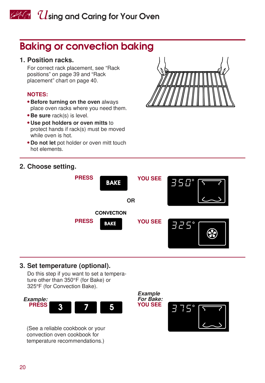 KitchenAid KERS507 warranty Baking or convection baking, Position racks, Choose setting, Set temperature optional 