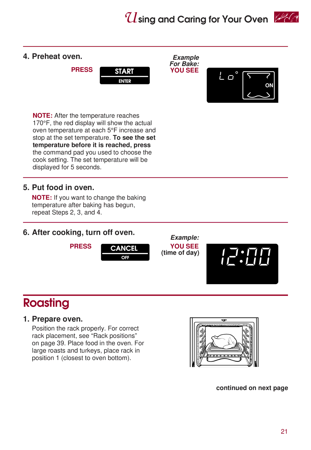 KitchenAid KERS507 warranty Roasting, Preheat oven, Put food in oven After cooking, turn off oven, Prepare oven 