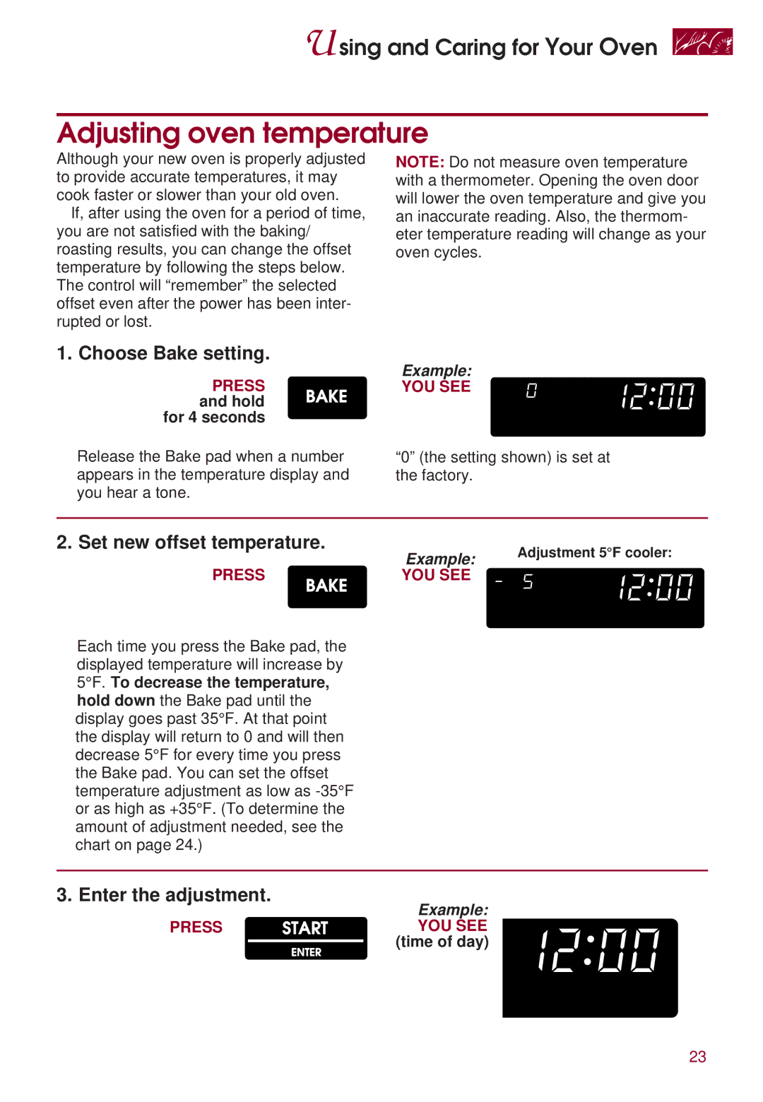 KitchenAid KERS507 Adjusting oven temperature, Choose Bake setting, Set new offset temperature, Enter the adjustment 