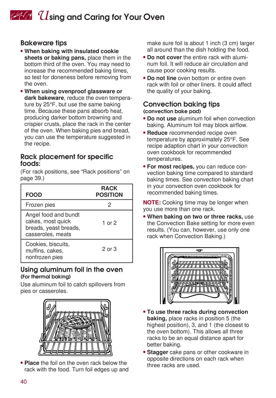 KitchenAid KERS507 warranty Bakeware tips, Rack placement for specific foods, Using aluminum foil in the oven 