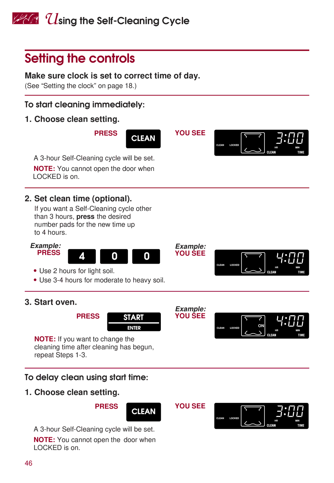 KitchenAid KERS507 warranty Setting the controls, Make sure clock is set to correct time of day, Choose clean setting 