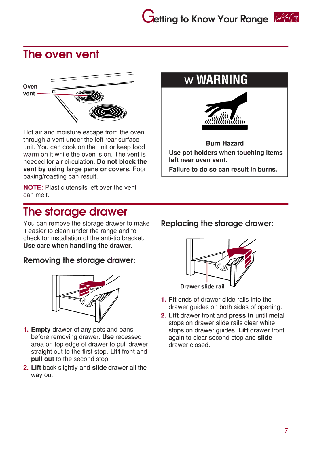 KitchenAid KERS507 warranty Oven vent, Storage drawer, Removing the storage drawer, Replacing the storage drawer 