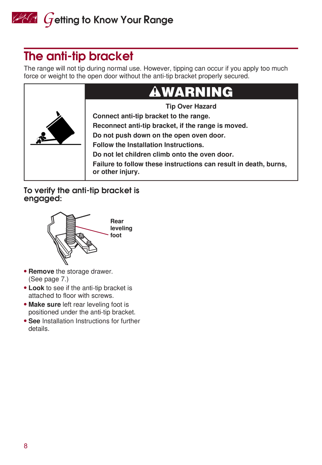 KitchenAid KERS507 warranty Anti-tip bracket, To verify the anti-tip bracket is engaged 