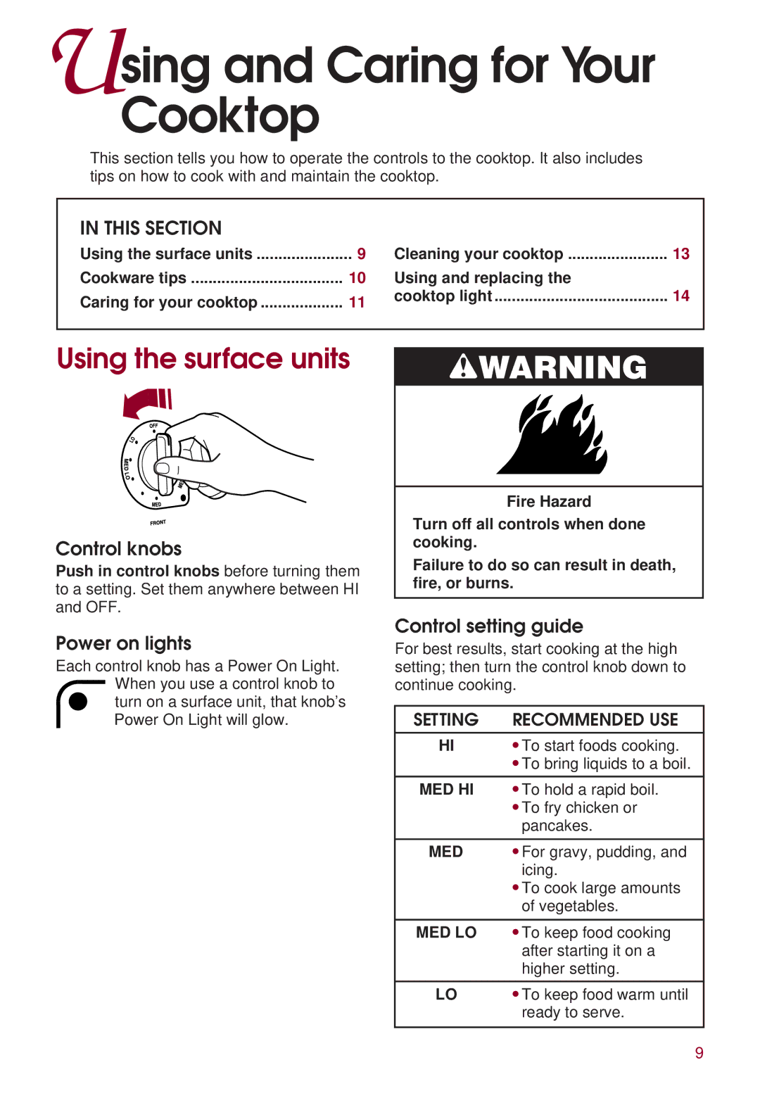 KitchenAid KERS507 warranty Using and Caring for Your Cooktop, Using the surface units, Control knobs, Power on lights 