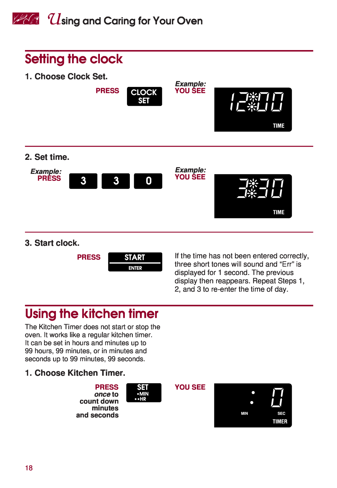 KitchenAid KERS507 Setting the clock, Using the kitchen timer, Choose Clock Set, Set time, Start clock, Example, Press 