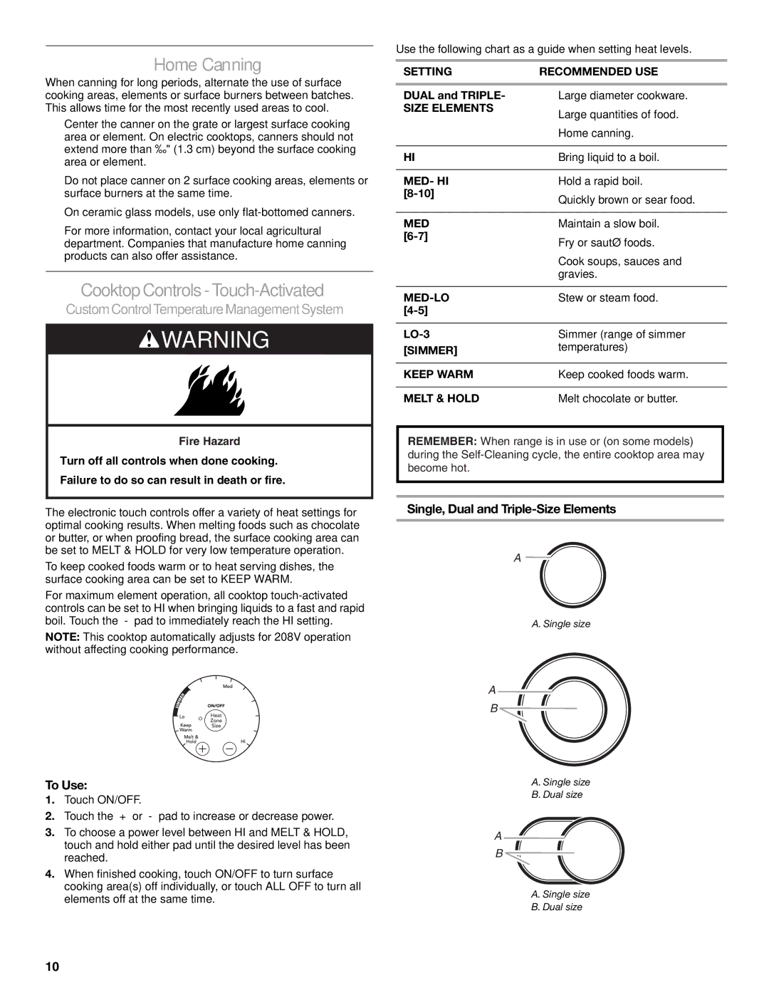 KitchenAid KESS907SSS manual HomeCanning, Cooktop Controls Touch-Activated, To Use, Single, Dual and Triple-Size Elements 