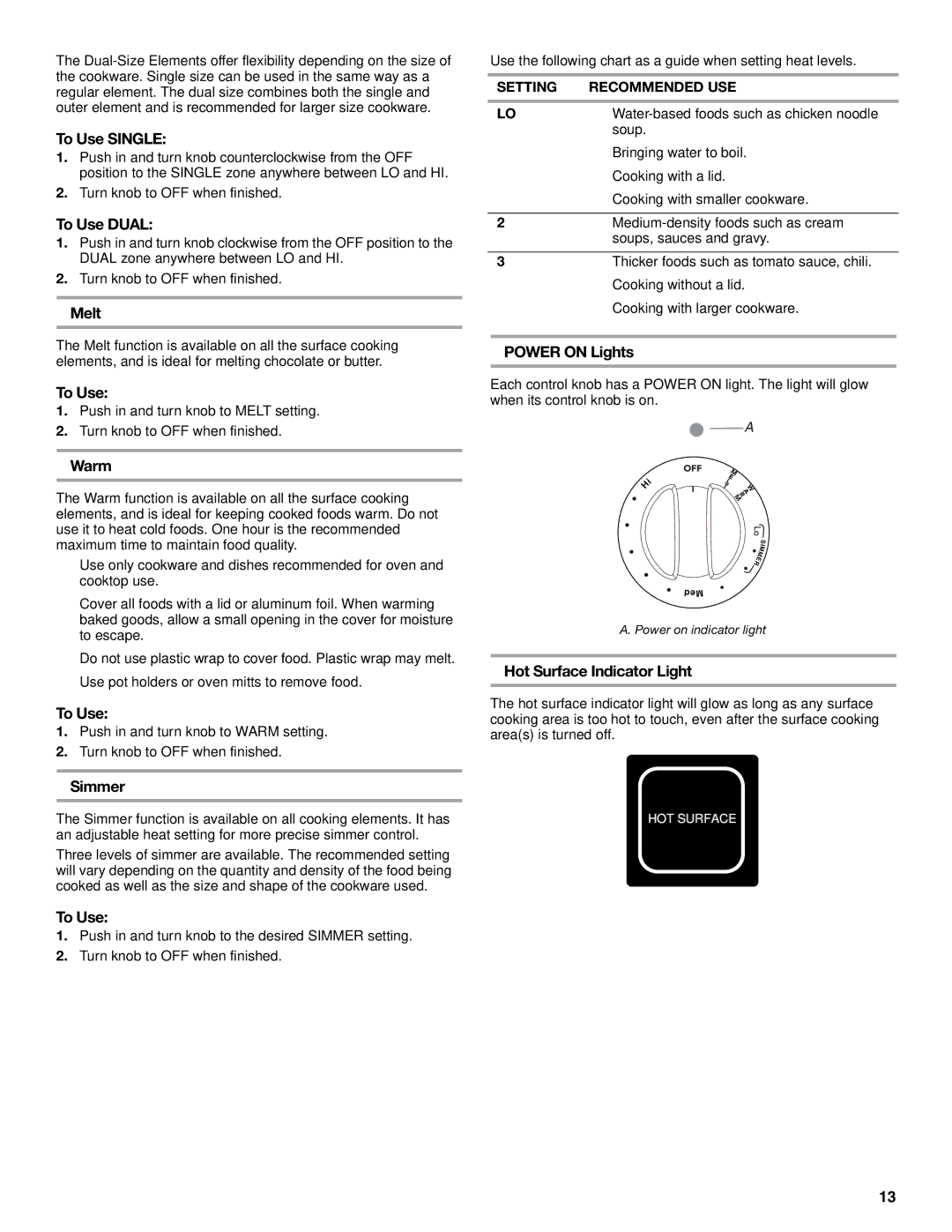 KitchenAid KESS907SSS, KERS807 manual To Use Single, To Use Dual, Melt, Power on Lights, Warm, Hot Surface Indicator Light 