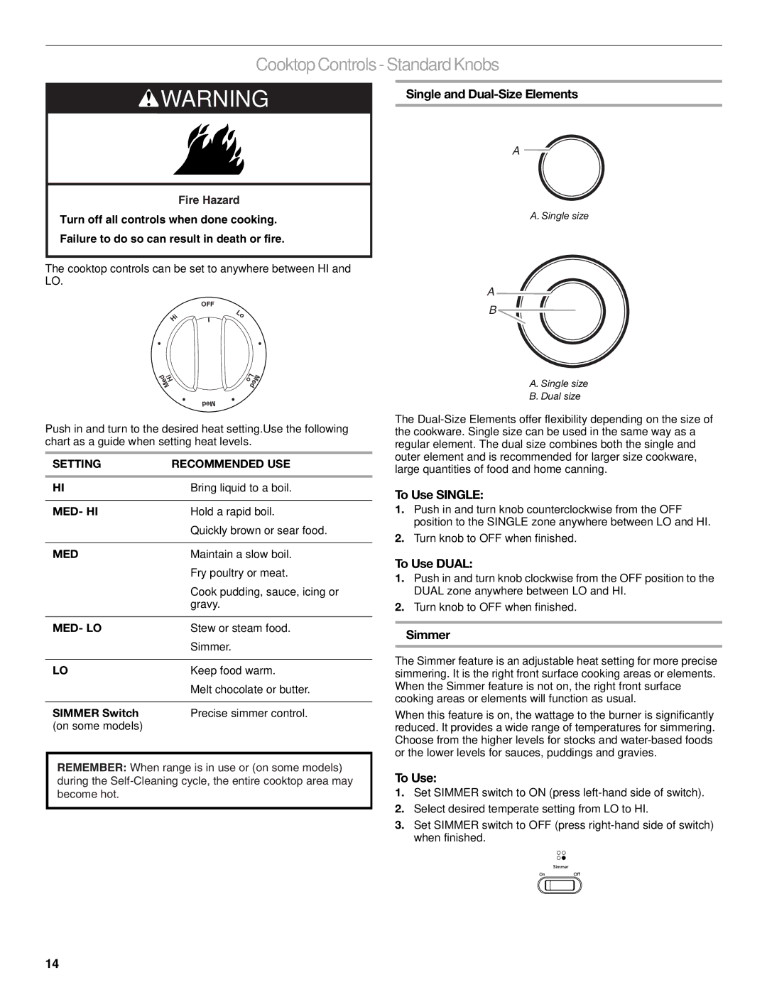 KitchenAid KESS907SWW, KERS807, KESS907SSS manual Cooktop Controls -Standard Knobs, Med- Lo, Simmer Switch 