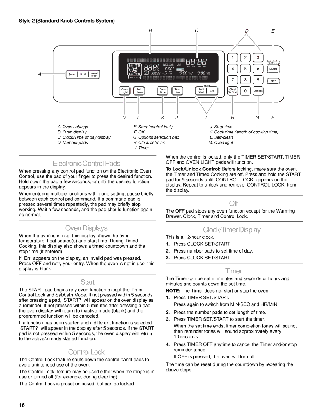 KitchenAid KESS907SSS, KERS807 manual ElectronicControlPads, Off, Oven Displays, Start, ControlLock, Clock/Timer Display 