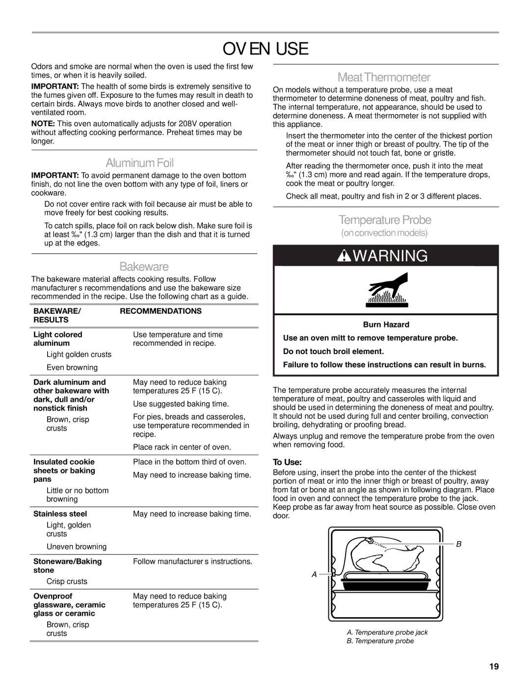 KitchenAid KESS907SSS, KERS807, KESS907SWW manual Oven USE, Aluminum Foil, Bakeware, MeatThermometer, Temperature Probe 