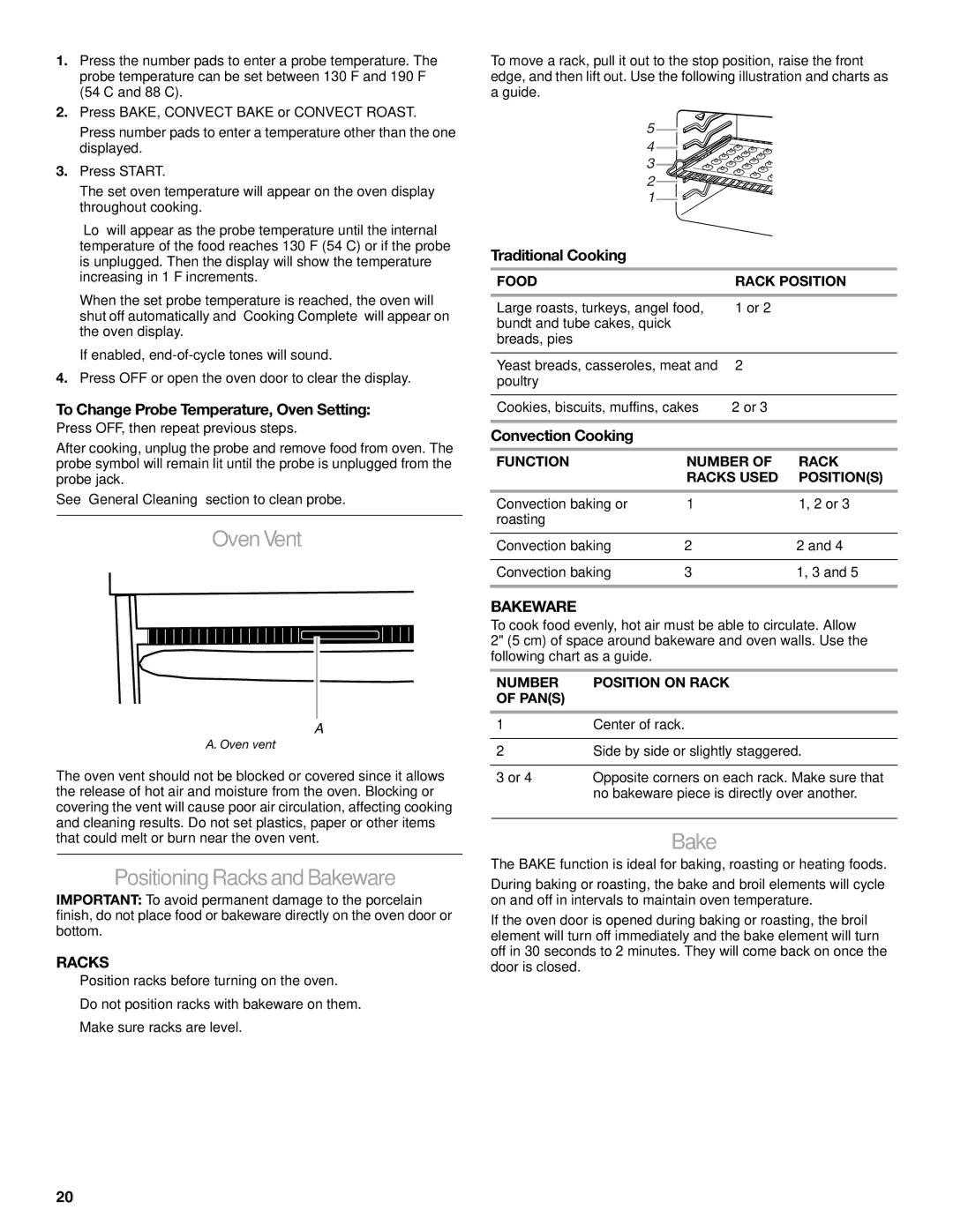 KitchenAid KESS907SWW, KERS807, KESS907SSS manual Oven Vent, Positioning Racks and Bakeware 