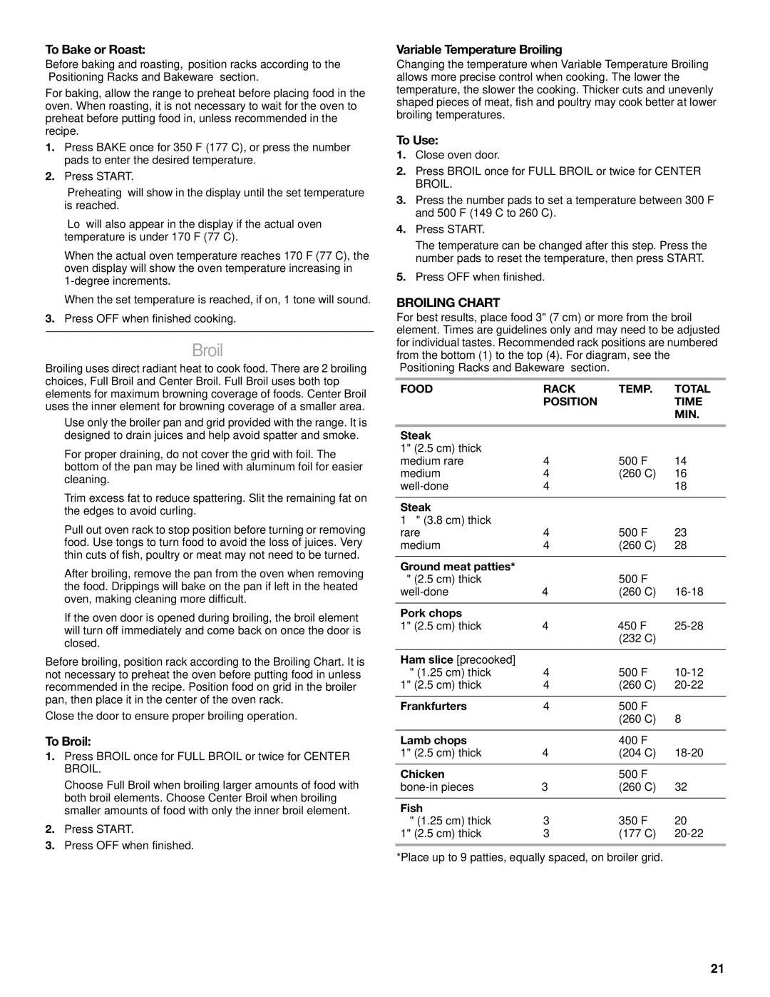 KitchenAid KERS807, KESS907SSS, KESS907SWW To Bake or Roast, To Broil, Variable Temperature Broiling, Broiling Chart 