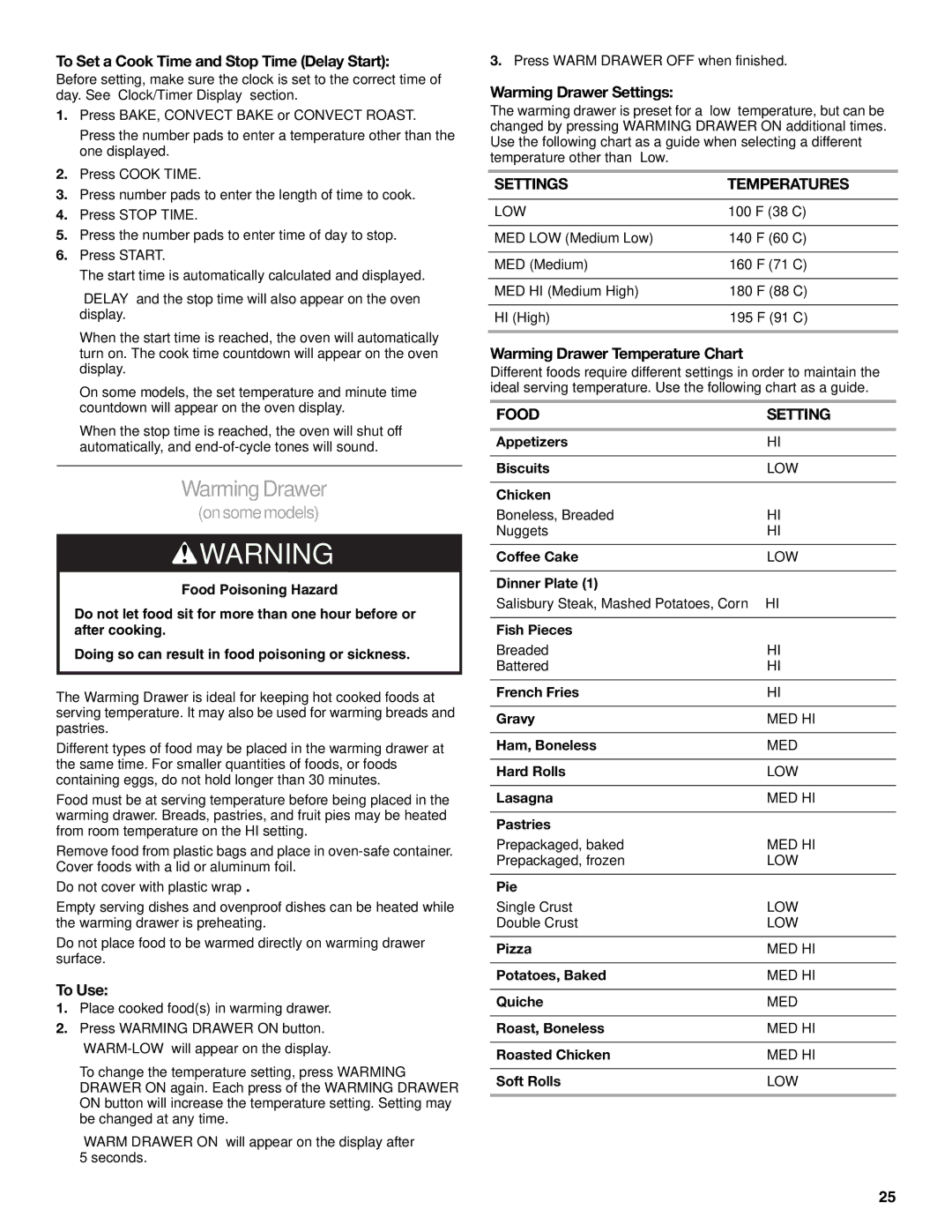 KitchenAid KESS907SSS, KERS807, KESS907SWW manual Warming Drawer, Settings Temperatures, Food Setting 