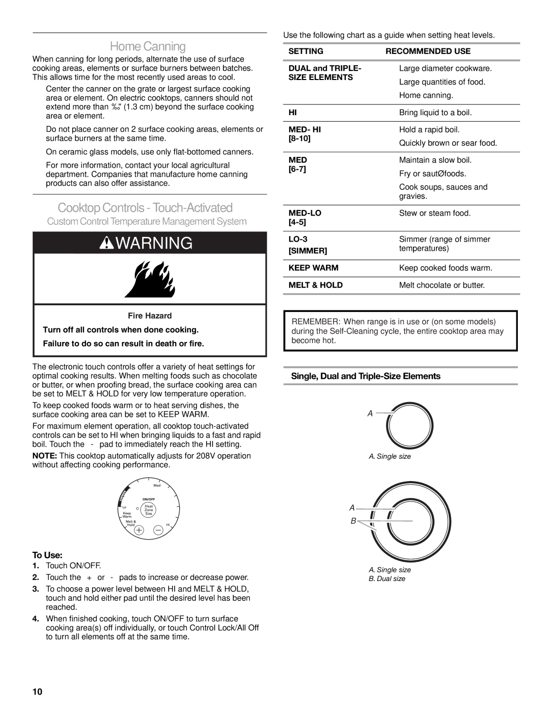 KitchenAid KERS807 manual Home Canning, Cooktop Controls Touch-Activated, To Use, Single, Dual and Triple-Size Elements 