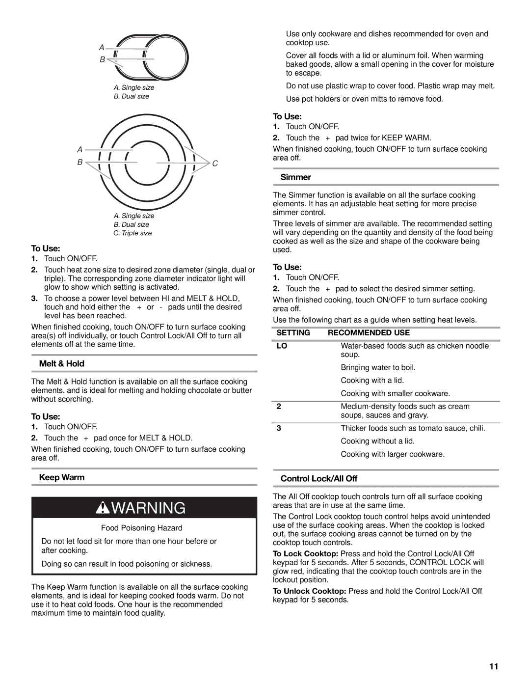 KitchenAid KERS807 manual Melt & Hold, Simmer, Keep Warm, Control Lock/All Off 