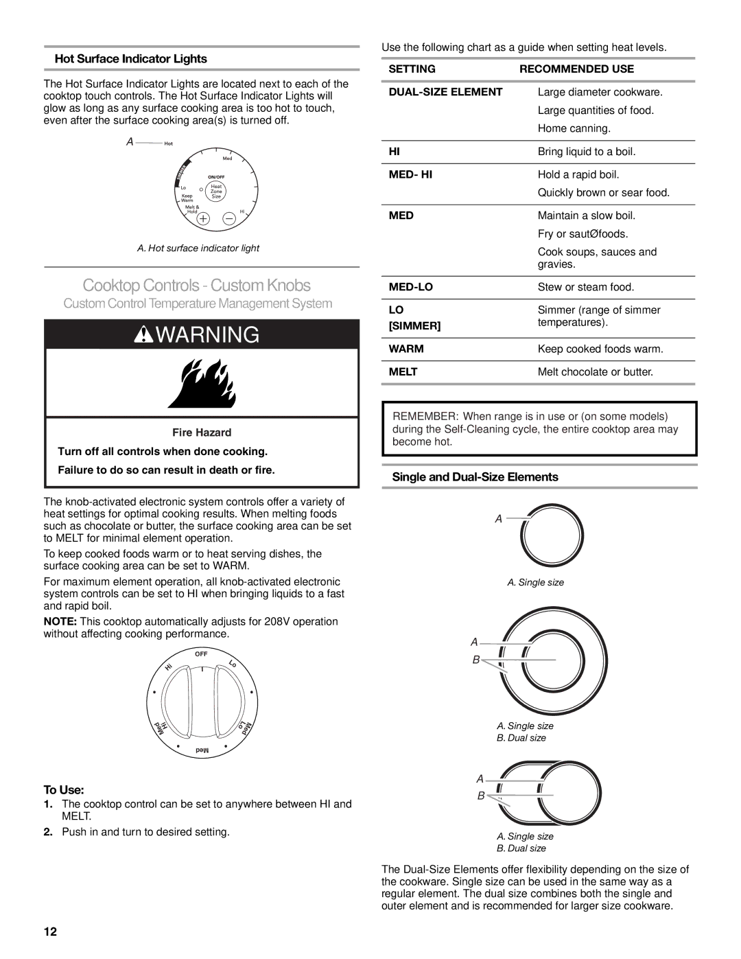 KitchenAid KERS807 manual Cooktop Controls Custom Knobs, Hot Surface Indicator Lights, Single and Dual-Size Elements 