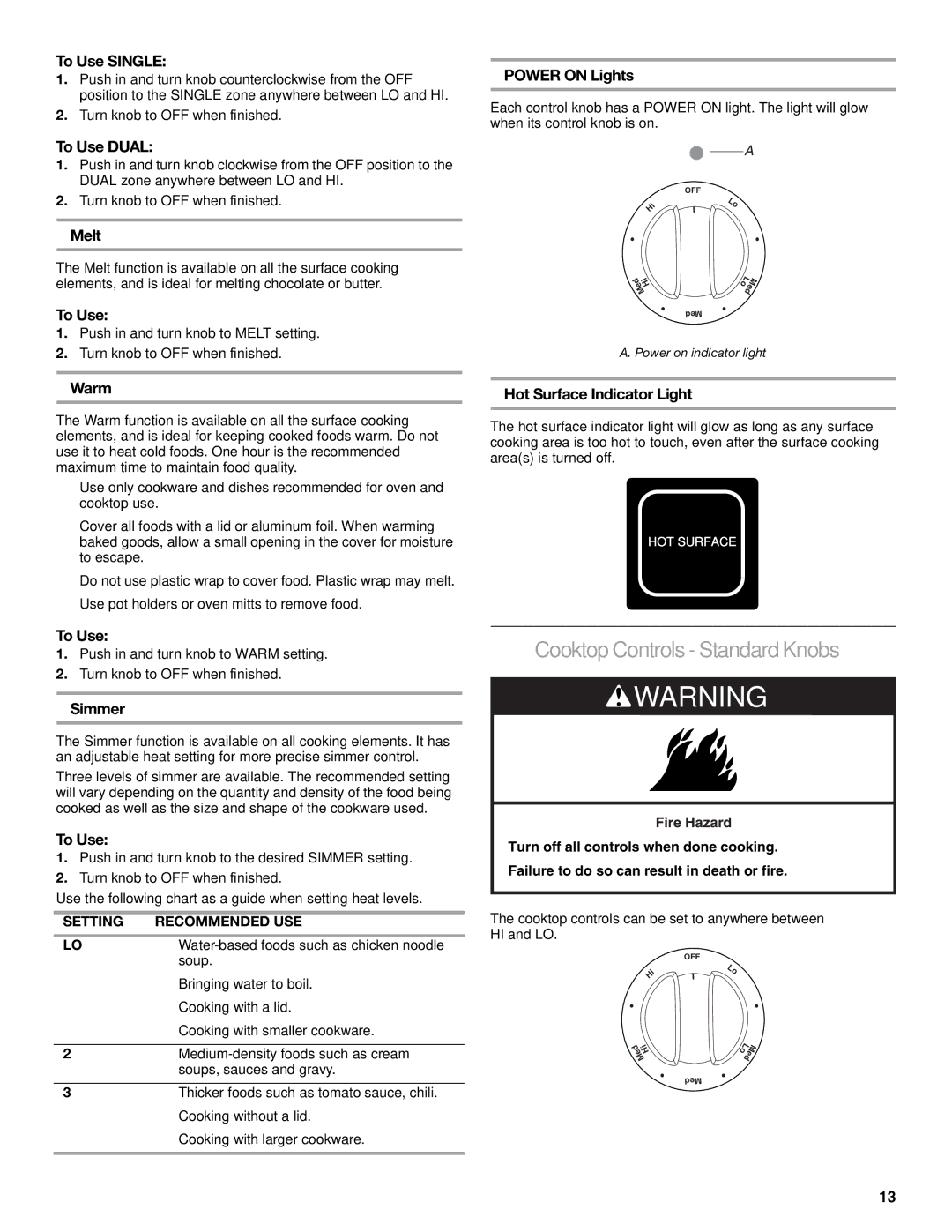 KitchenAid KERS807 manual Cooktop Controls- Standard Knobs 