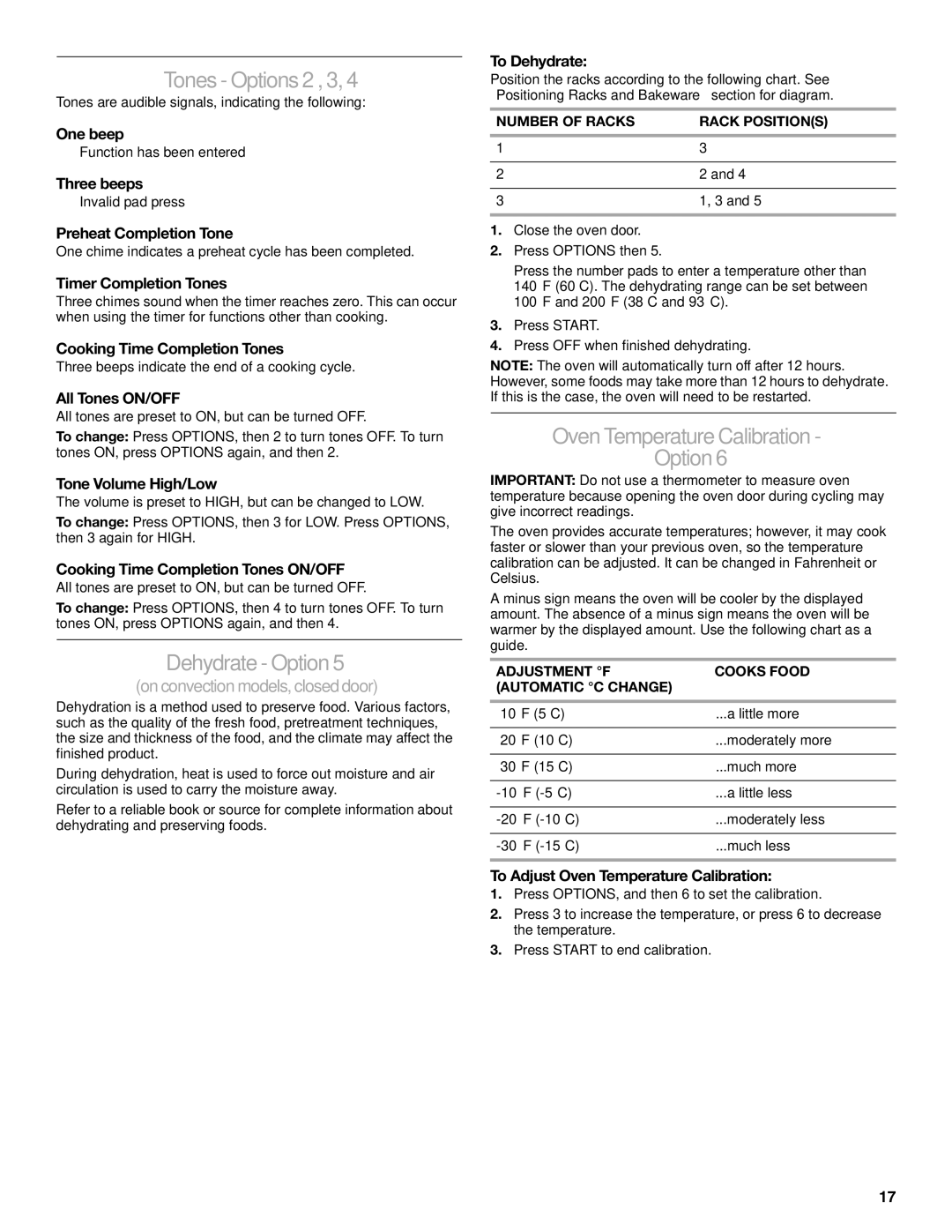 KitchenAid KERS807 manual Tones Options2 , 3, Dehydrate Option, Oven Temperature Calibration Option 