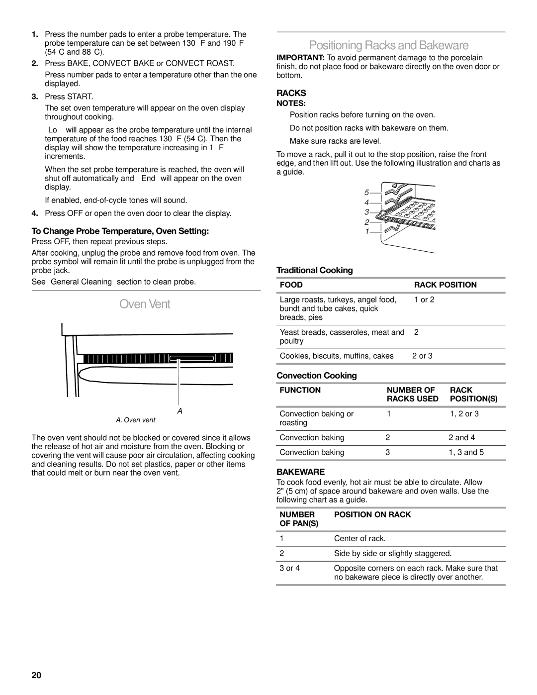 KitchenAid KERS807 manual Oven Vent, Positioning Racks and Bakeware 